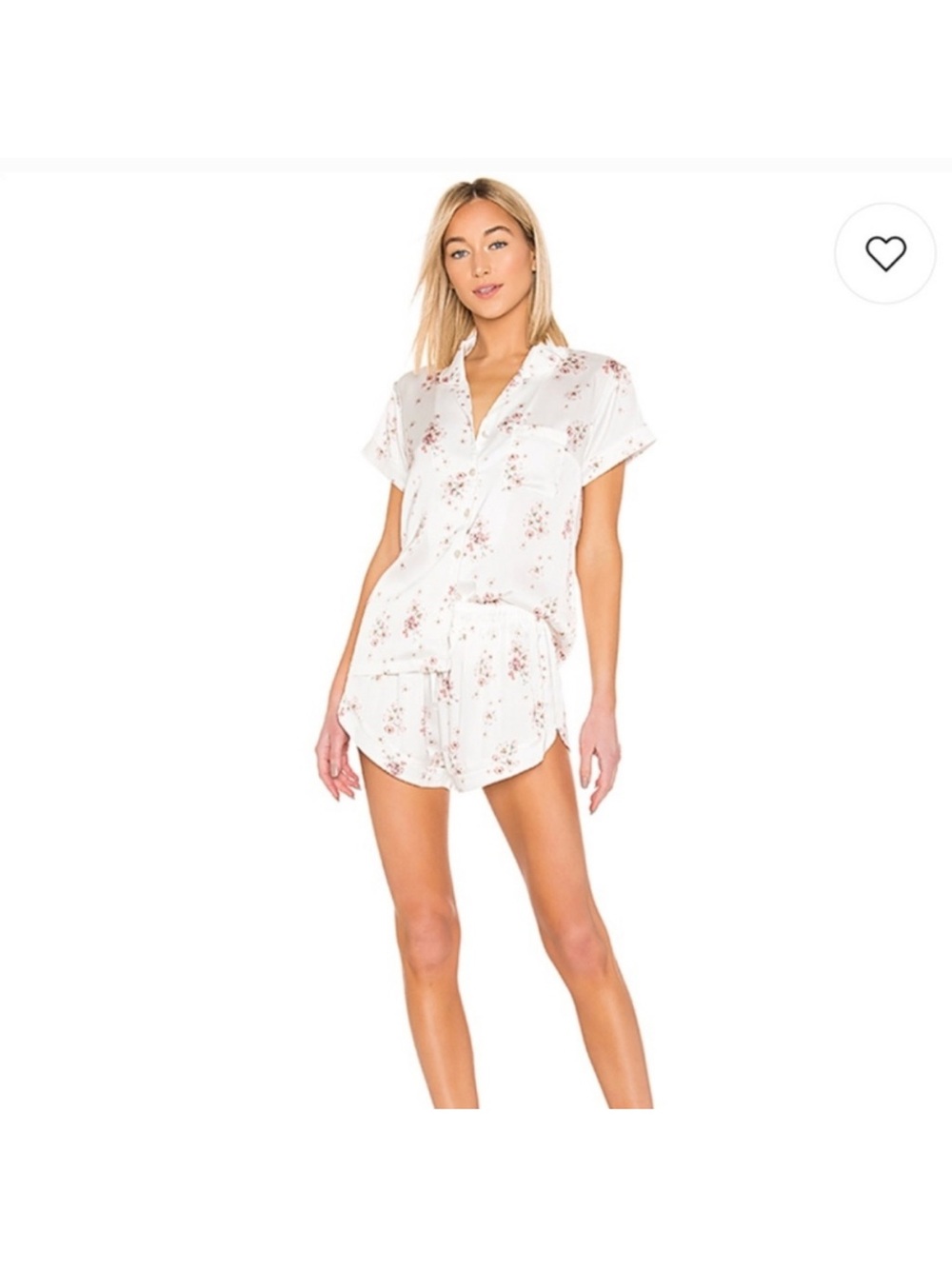 Floral Short-Sleeve Satin Pajama Set in White with Pink Accents